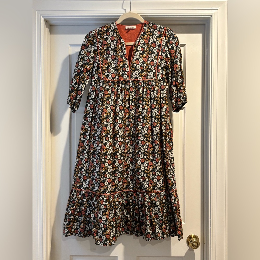 Floral Midi Dress - Brown, Oranges, & White